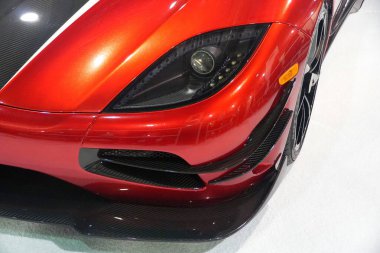 Philadelphia, Pennsylvania, U.S.A - February 9, 2020 - The headlights of the red color of Koenigsegg Agera supercar