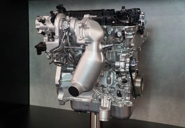 Close up of a clean automobile engine and parts