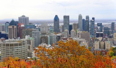 Montreal, Kanada - 25 Ekim 2019 - Royal Dağı 'nın tepesinden şehrin gökdelenlerinin havadan görünüşü, çarpıcı sonbahar yapraklarıyla çevrili.