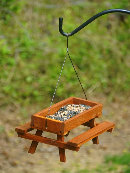Ein Hölzernes Vogelfutterhäuschen Mit Samen Das Der Stange Hängt — Stockfoto