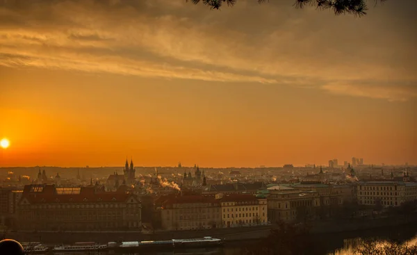 Prager Fernsehturm bei Sonnenaufgang mit Dächern und fliegenden Vögeln — Stockfoto