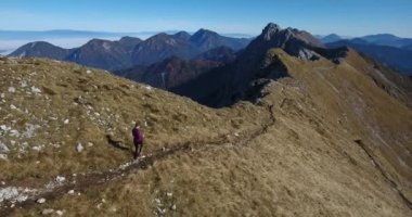 Bir dağ sırtı yürüyen kadın uzun yürüyüşe çıkan kimse.