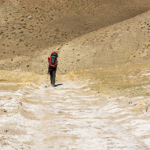 Trekker solitario attraversando arida terra desolata . — Foto Stock