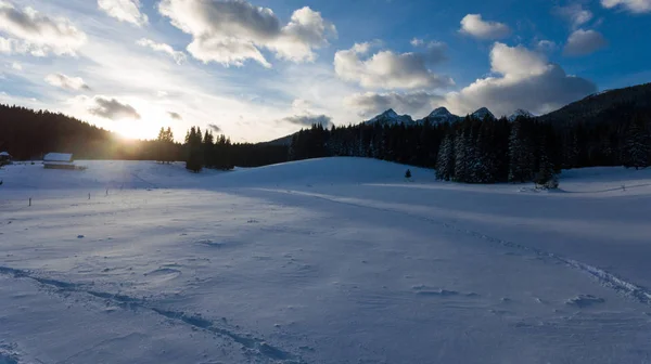 Karla kaplı çayır üzerinde yükselen güneş. — Stok fotoğraf