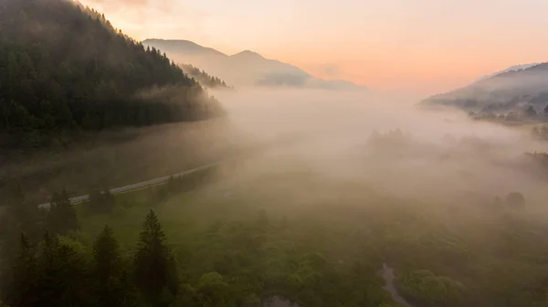 Aerial view mist hovering across a valley. — Stock Photo, Image