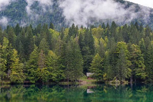 Cabane en bois entourée de pinèdes au bord du lac . — Photo