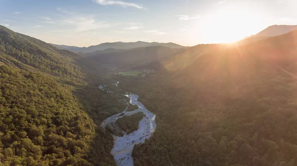 Aerial view of a river valley at sunset. — Stock Photo, Image