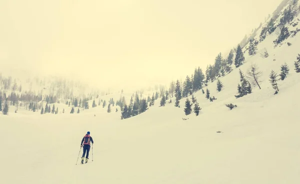 Lonely back country skier walking through a misty valley.