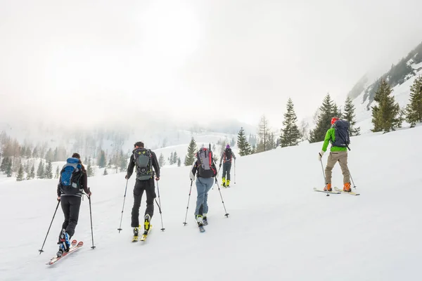 Groupe de skieurs de fond marchant dans une vallée brumeuse . — Photo