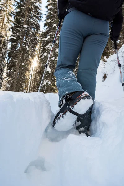 Close-up van wandelschoenen sneeuw padtekst. — Stockfoto