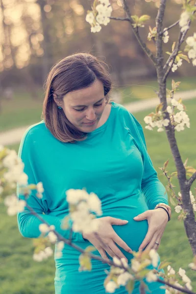 Attrayant jeune mère posant par fleurs cerisier . — Photo
