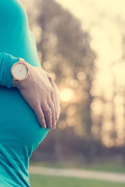 Nahaufnahme von Schwangerschaftsbauch bei Sonnenuntergang. — Stockfoto