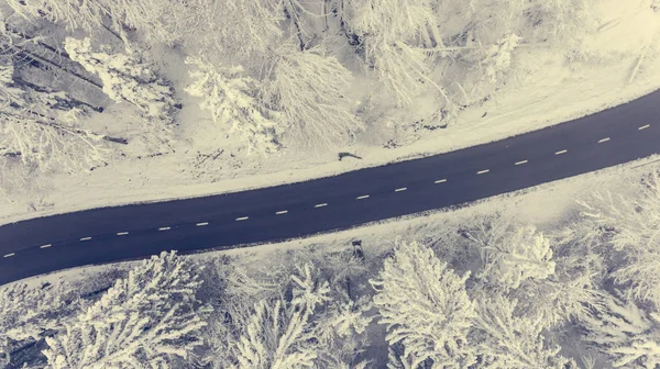 Flygfoto över vägen genom en vinter skog. — Stockfoto