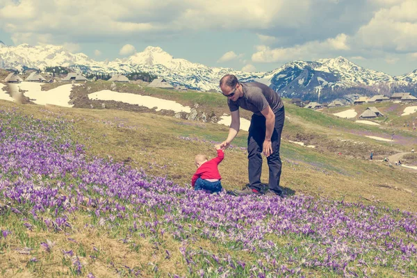 Pai e filha explorando flores de primavera . — Fotografia de Stock