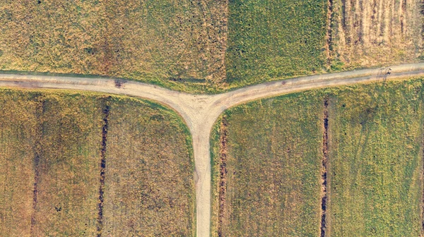 Vue vers le bas de la jonction en T du chemin de terre entourée de champs . — Photo