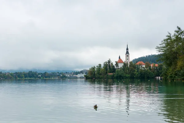 Zatažená krajina jezera s romantickým kostelem na ostrově. — Stock fotografie