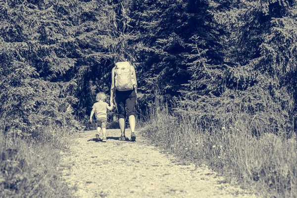 Caminhadas de mãe e filha em um caminho florestal . — Fotografia de Stock