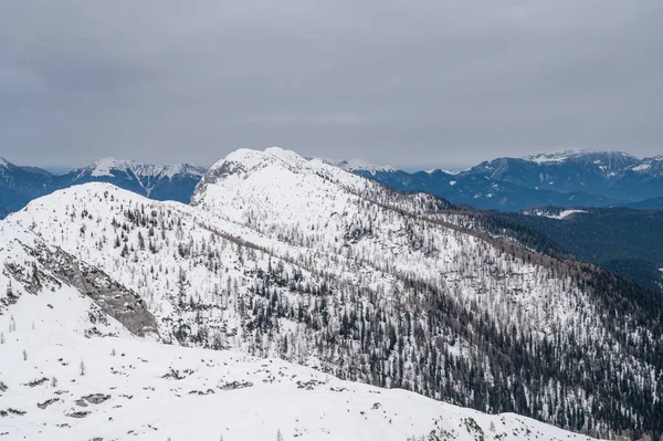 Spectaculaire winter berg panoramisch uitzicht op de bergen met bewolkte hemel. — Stockfoto