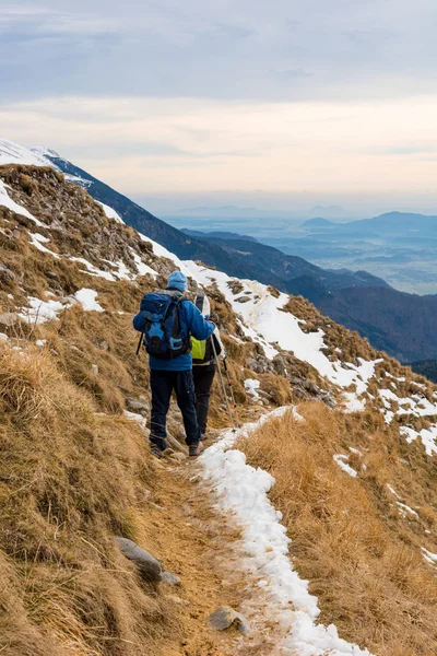 Par vandrare fallande vinter traile av gräs täckt lutning. — Stockfoto