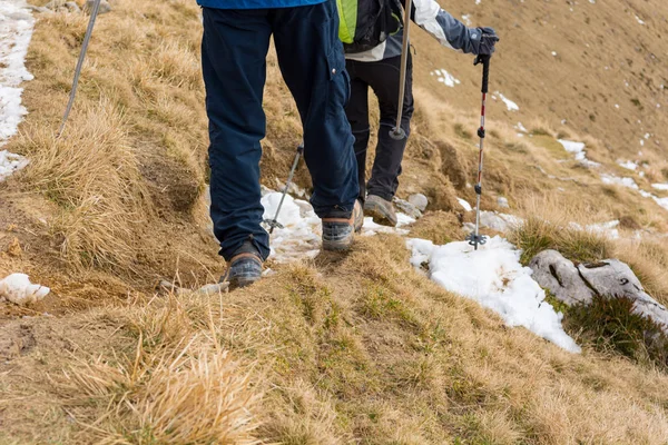 Pair of hikers descending winter traile of grass covered slope. — ストック写真