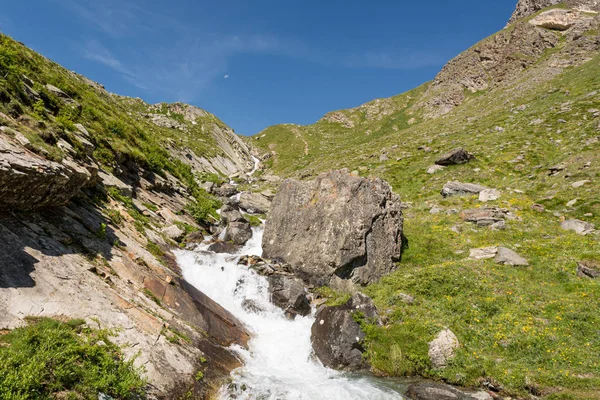 Mountain stream rushing down a grassy slope. — ストック写真