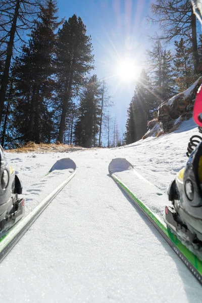 スキーツアーは森の中を雪道を登る. — ストック写真