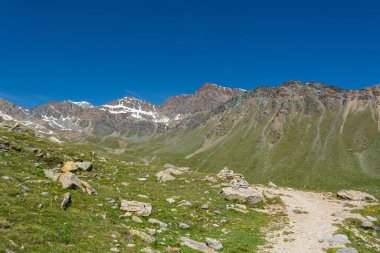 Gran Paradiso Doğal Parkı 'nın muhteşem dağ manzarasında yürüyüş yapmak.