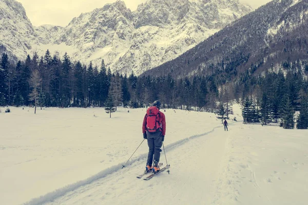 Achterland skiër skiën over besneeuwde weide omgeven door bergen. — Stockfoto