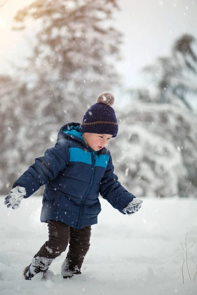 可爱可爱的男孩兴高采烈地与雪玩耍 — 图库照片