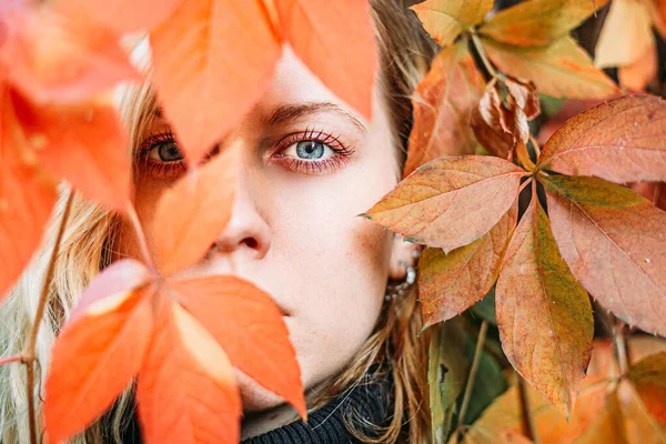 Close-up portret dziewczyny z niebieskimi oczami szczytuje przez jesienne liście — Zdjęcie stockowe