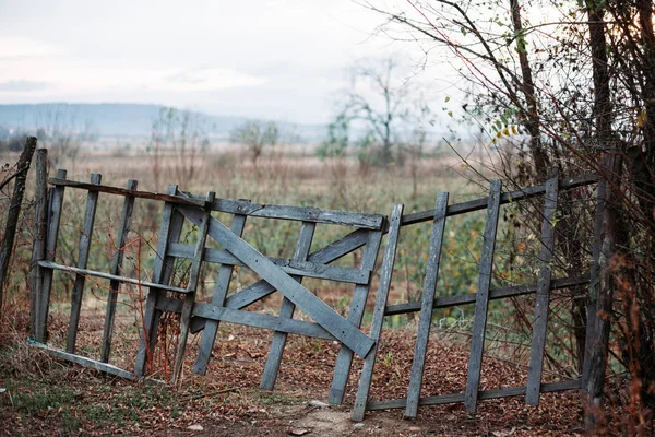 Stara drewniana brama, ogrodzenie. Wieś w Europie Wschodniej — Zdjęcie stockowe