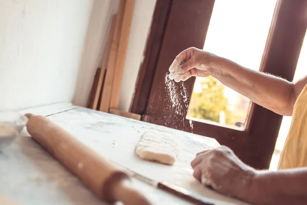 Female Hands Flouring Surface Process Making Croissant Rolls — 스톡 사진