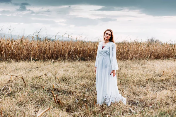 Hermosa chica en camisón blanco, que parece un hada en el campo de maíz . — Foto de Stock