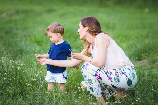 美しい金髪の息子と一緒に花を摘む若いお母さん 親子関係 母の日 — ストック写真