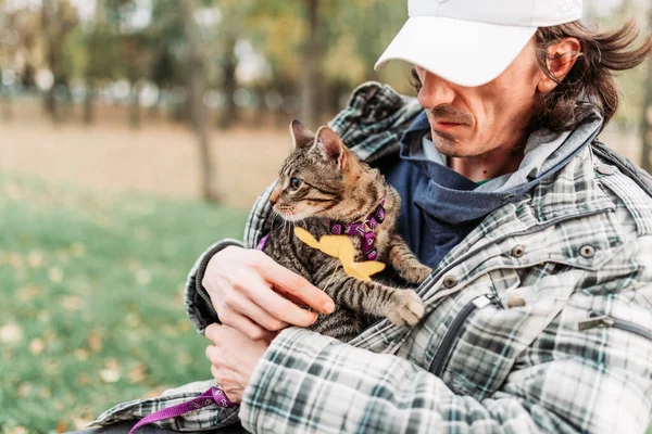 Sahibi Ceketinin Içinde Şirin Çizgili Bir Kedi Tutuyor Açık Havada — Stok fotoğraf