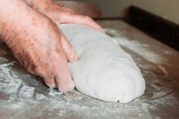 Female Hands Kneading Raw Homemade Bread Loafs Table Homemade Cooking — Stock Photo, Image