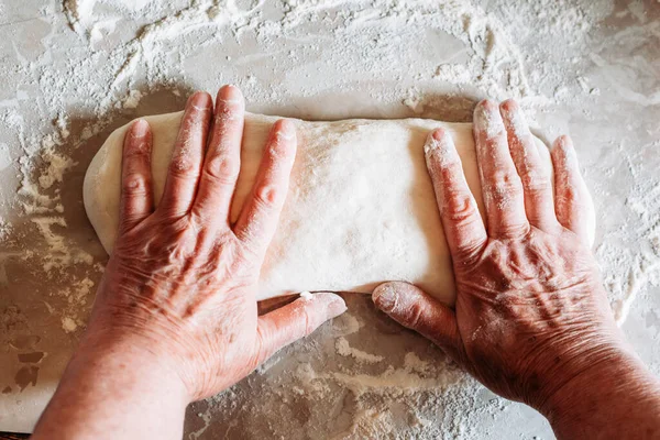 Female Hands Kneading Raw Homemade Bread Loafs Table Homemade Cooking — Stock Photo, Image