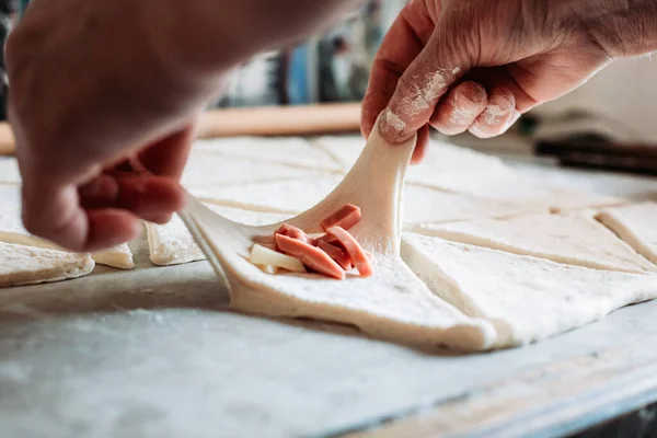 Female Hand Rolling Raw Unbaked Croissant Roll Process Making Croissant — Stock Photo, Image