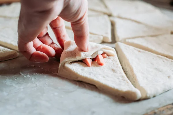 Female Hand Rolling Raw Unbaked Croissant Roll Process Making Croissant — Stock Photo, Image