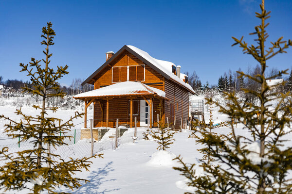 Beautiful wooden cabin in the mountain. Vlasina lake, Eastern Serbia