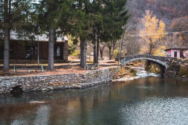 Sırbistan 'ın Paskalya' sında nehrin üzerindeki eski taş köprü. Doğa manzarası
