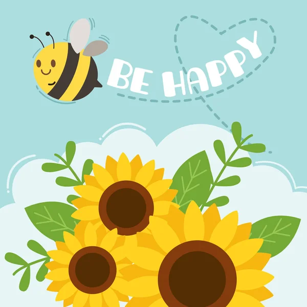 Charakter roztomilé včely létající na obloze se slunečnice a modré pozadí — Stockový vektor