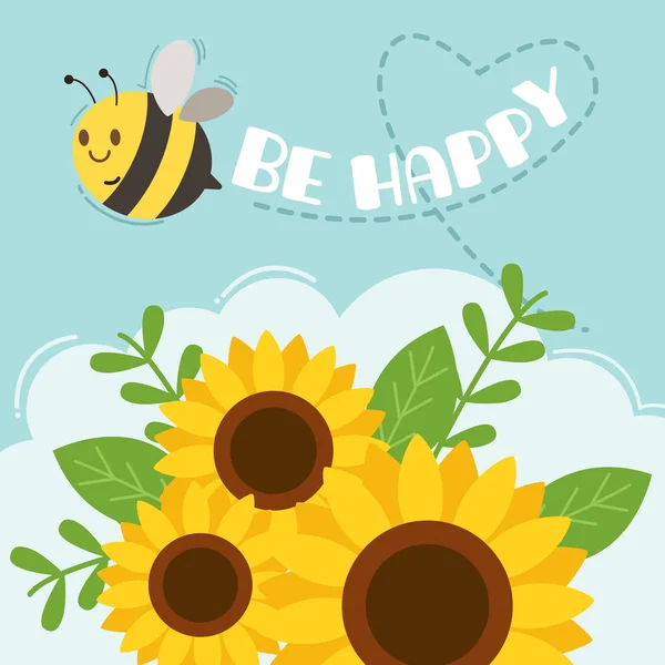 El personaje de la abeja linda volando en el cielo con girasol y fondo azul — Vector de stock