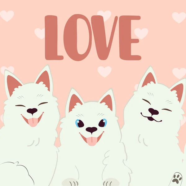 The character of cute samoyed dog and friend in pinkbackground with pattern of heart — Stock Vector