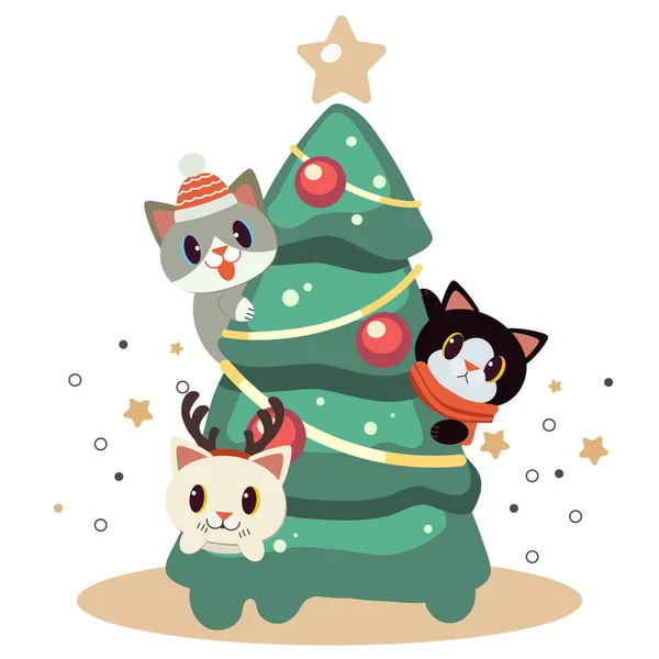 El personaje de lindo gato jugando con árbol de Navidad . — Archivo Imágenes Vectoriales