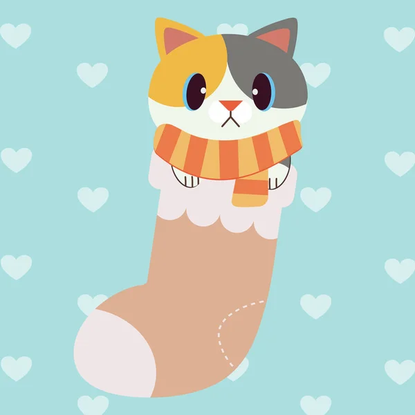 Le personnage de chat mignon porter une écharpe et assis dans la grosse chaussette — Image vectorielle