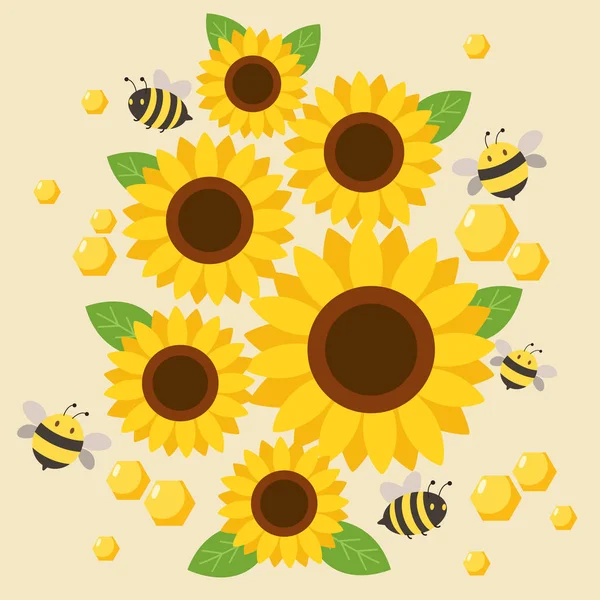 El personaje de la abeja linda volando alrededor del girasol sobre el fondo amarillo — Vector de stock