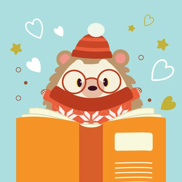 Het karakter van schattige egel het lezen van een groot boek op de blauwe achtergrond — Stockvector