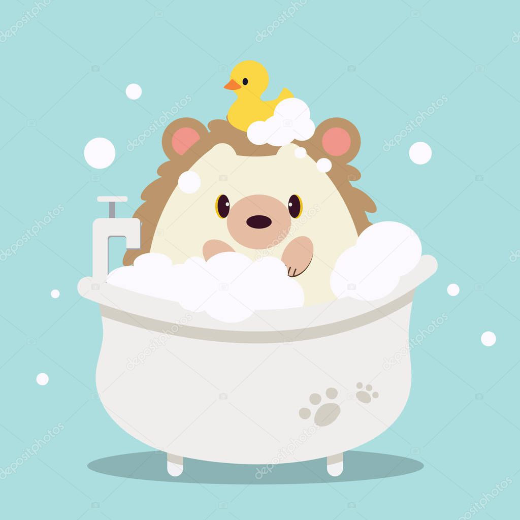 The character of cute hedgehog bathing in the bathtub with bubble