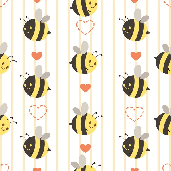 Bezešvé pozadí roztomilé žluté a černé včely se srdcem. — Stockový vektor
